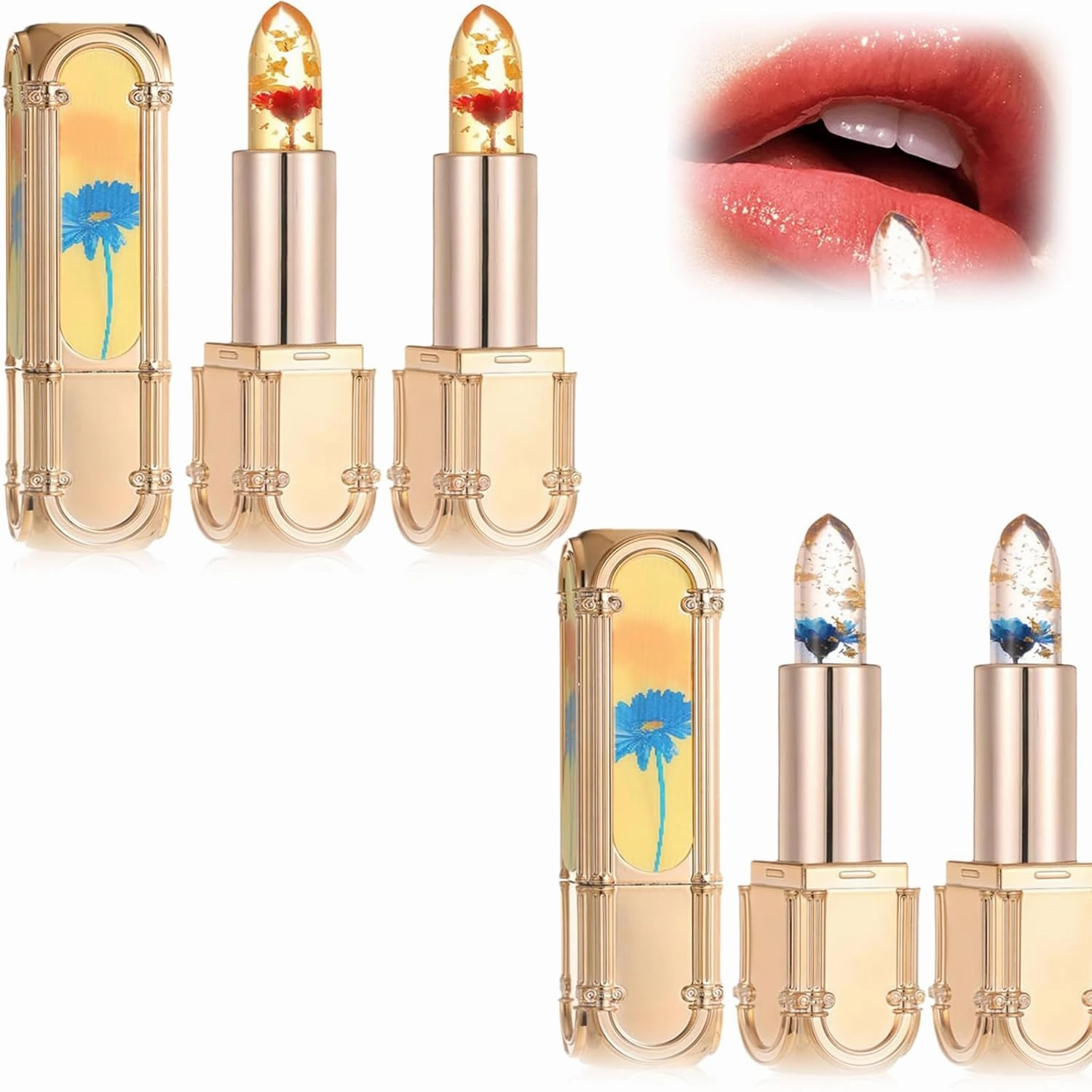 Flower Color Changing Lipstick, Yulyoie Lipstick, Gold Foil Flower Color Changing Lipstick, Color Changing Lipstick, Crystal Jelly Flower Color Changing Lipstick (4PCS)