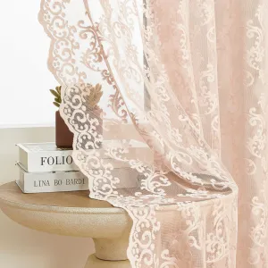 FOLKSIDE Blush Pink Lace Curtains 84 Inches Long 2 Panels Vintage French Floral Sheer Curtains for Living Room Bedroom Victorian Paisley Drapes Rod Pocket Light Filtering Crochet Window Decor, 52x84