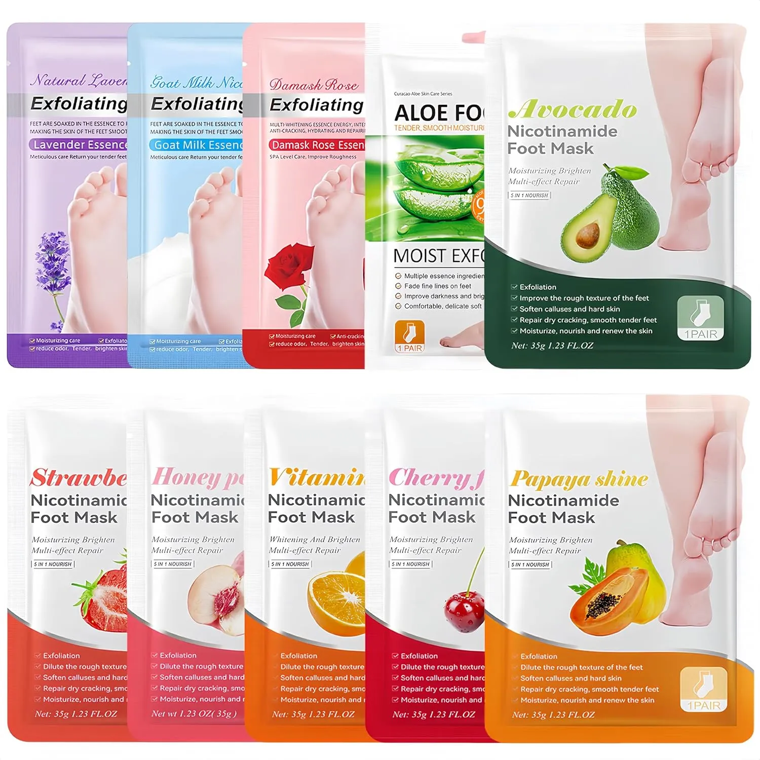 Foot Peel Mask 10 Pack, Exfoliating Foot Masks for Dry Cracked Feet, Moisturizing Foot Mask for Dead Skin and Callus Removal, Foot Care Treatment for Men and Women, Spa Peel Socks