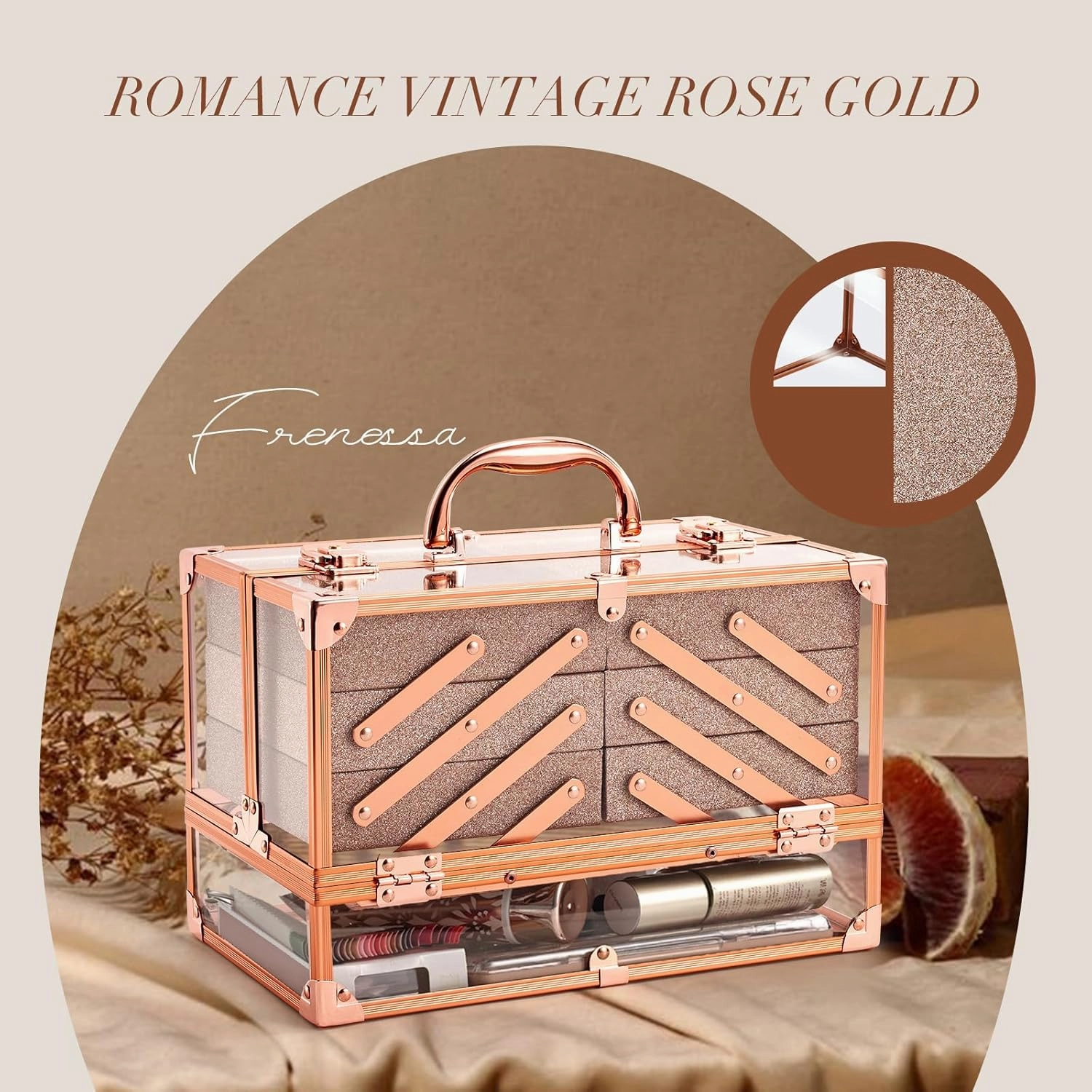 FRENESSA Portable Makeup Case Cosmetics Display Toiletry Organizer Box Transparent Acrylic Artists Train Case with 6 Trays Travel Makeup Tools Storage for Vanity Counter Dresser Organizer Rose Gold