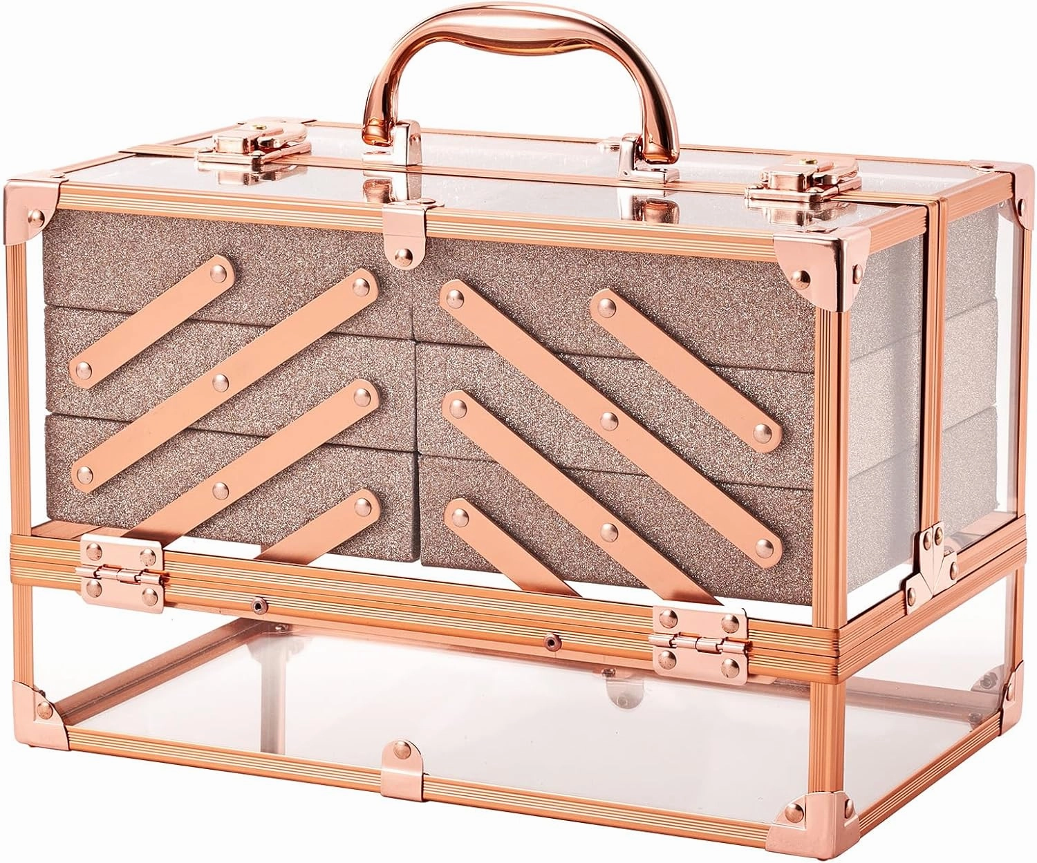 FRENESSA Portable Makeup Case Cosmetics Display Toiletry Organizer Box Transparent Acrylic Artists Train Case with 6 Trays Travel Makeup Tools Storage for Vanity Counter Dresser Organizer Rose Gold