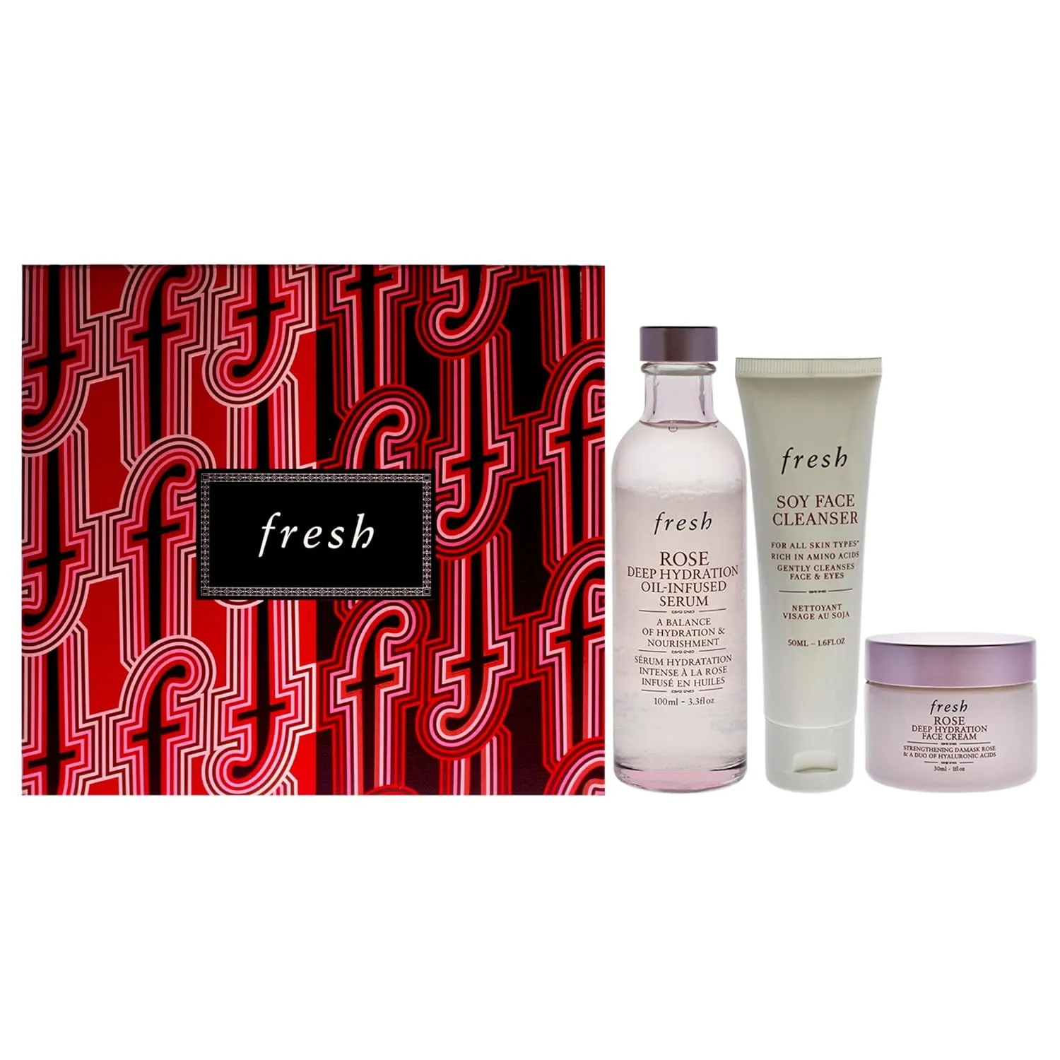 Fresh Three Step Hydration Heroes Kit for Women - 3 Pc 1.6oz Soy Face Cleanser, 3.4oz Rose Deep Hydration Oil Infused Serum, 1oz Rose Deep Hydration Face Cream