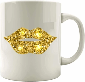 Funny Lips - Gold Glitter Lipstick Kiss Print Makeup Humor - Colored Mug