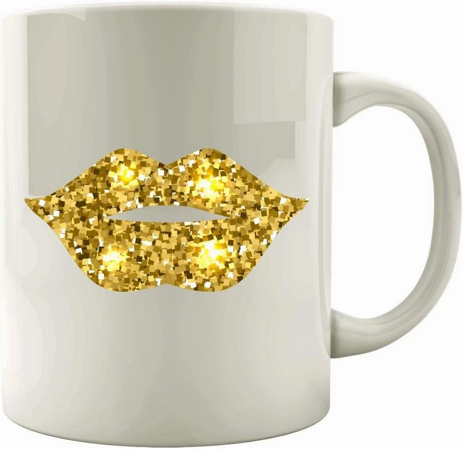 Funny Lips - Gold Glitter Lipstick Kiss Print Makeup Humor - Mug