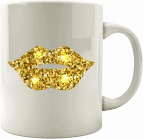 Funny Lips - Gold Glitter Lipstick Kiss Print Makeup Humor - Mug