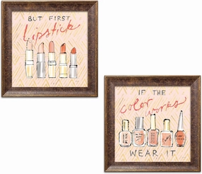 Glam Geo Beauty and Sass I - Wear It & Geo Beauty and Sass II - Lipstick First by Sue Schlabach (Ready to Hang); Two 12x12in Gold Trim Framed Prints