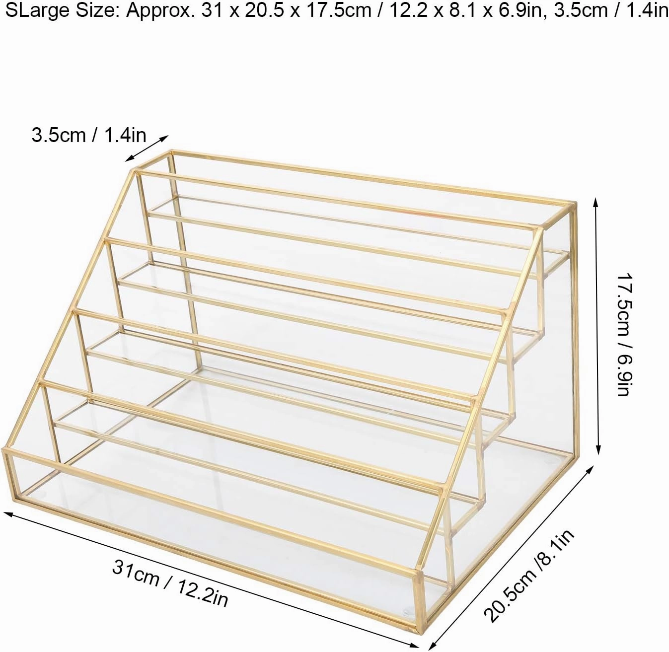 Glass Nail Polish Display Rack Lipstick Lip Gloss Balm Holder, 5 Layer Desk Shelf with Copper Corners for Cosmetics, Essential Oils, Accessories (S 15x3.5x2.5cm / 5.9x1.4x1in) (L 7.5x7.5x15cm /
