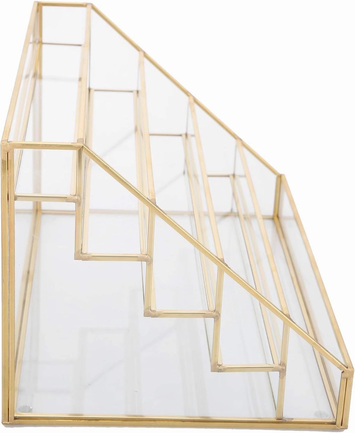 Glass Nail Polish Display Rack Lipstick Lip Gloss Balm Holder, 5 Layer Desk Shelf with Copper Corners for Cosmetics, Essential Oils, Accessories (S 15x3.5x2.5cm / 5.9x1.4x1in) (L 7.5x7.5x15cm /