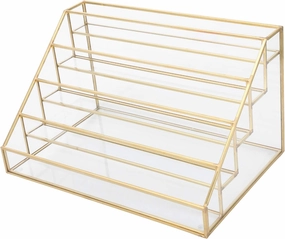 Glass Nail Polish Display Rack Lipstick Lip Gloss Balm Holder, 5 Layer Desk Shelf with Copper Corners for Cosmetics, Essential Oils, Accessories (S 15x3.5x2.5cm / 5.9x1.4x1in) (L 7.5x7.5x15cm /