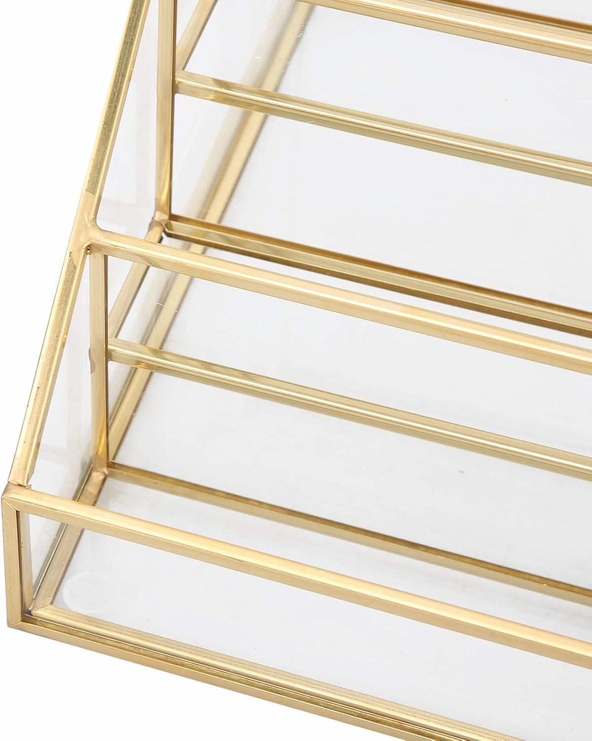 Glass Nail Polish Display Rack Lipstick Lip Gloss Balm Holder, 5 Layer Desk Shelf with Copper Corners for Cosmetics, Essential Oils, Accessories (S 15x3.5x2.5cm / 5.9x1.4x1in) (L 7.5x7.5x15cm /