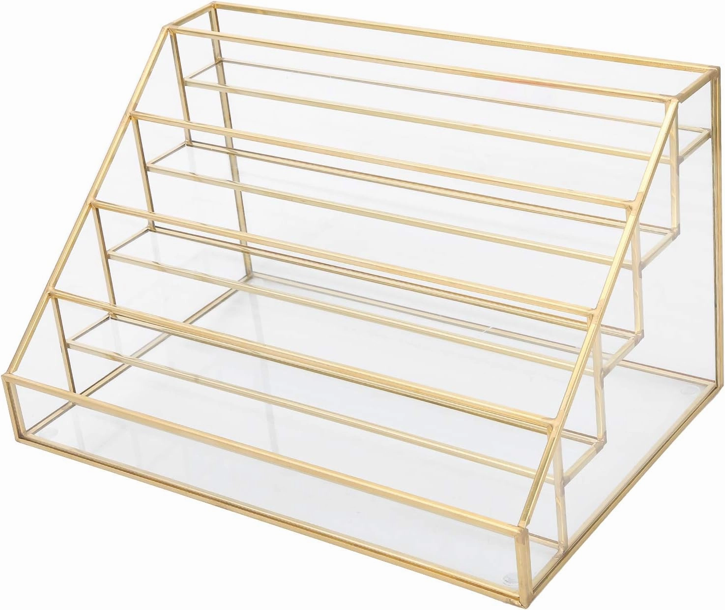 Glass Nail Polish Display Rack Lipstick Lip Gloss Balm Holder, 5 Layer Desk Shelf with Copper Corners for Cosmetics, Essential Oils, Accessories (S 15x3.5x2.5cm / 5.9x1.4x1in) (L 7.5x7.5x15cm /
