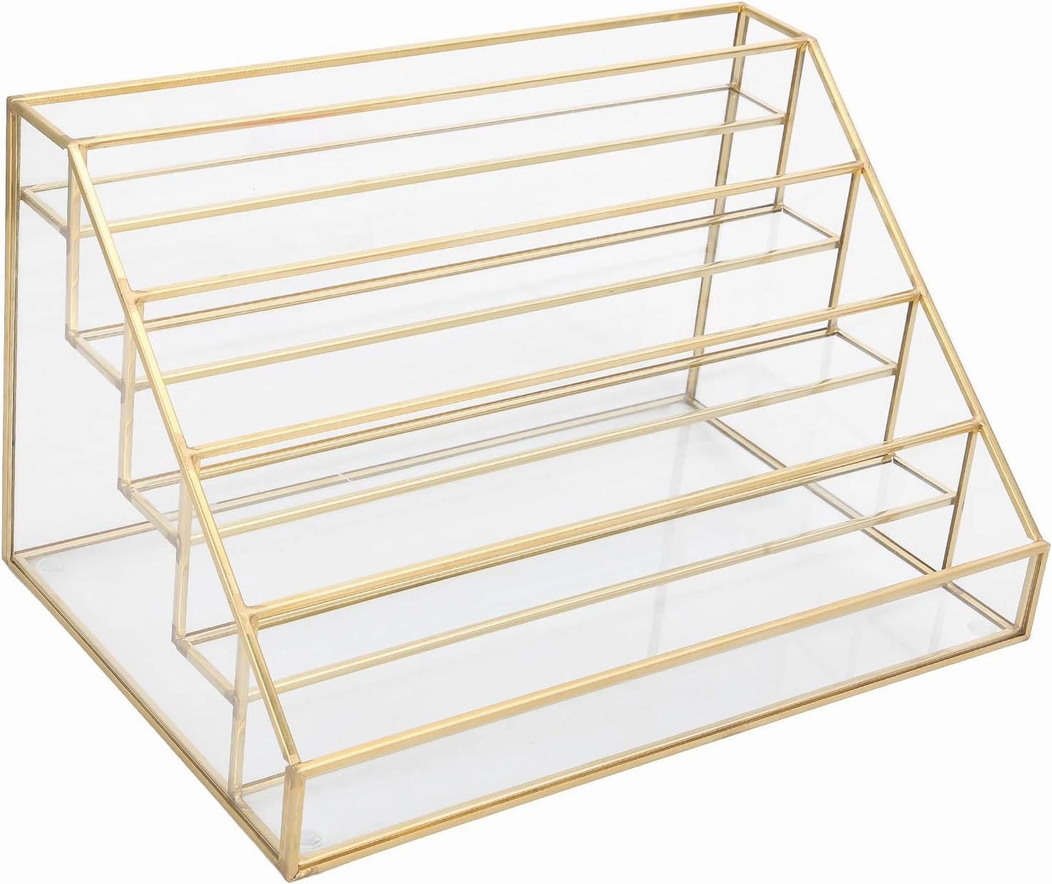 Glass Nail Polish Display Rack Lipstick Lip Gloss Balm Holder, 5 Layer Desk Shelf with Copper Corners for Cosmetics, Essential Oils, Accessories (S 15x3.5x2.5cm / 5.9x1.4x1in) (L 7.5x7.5x15cm /