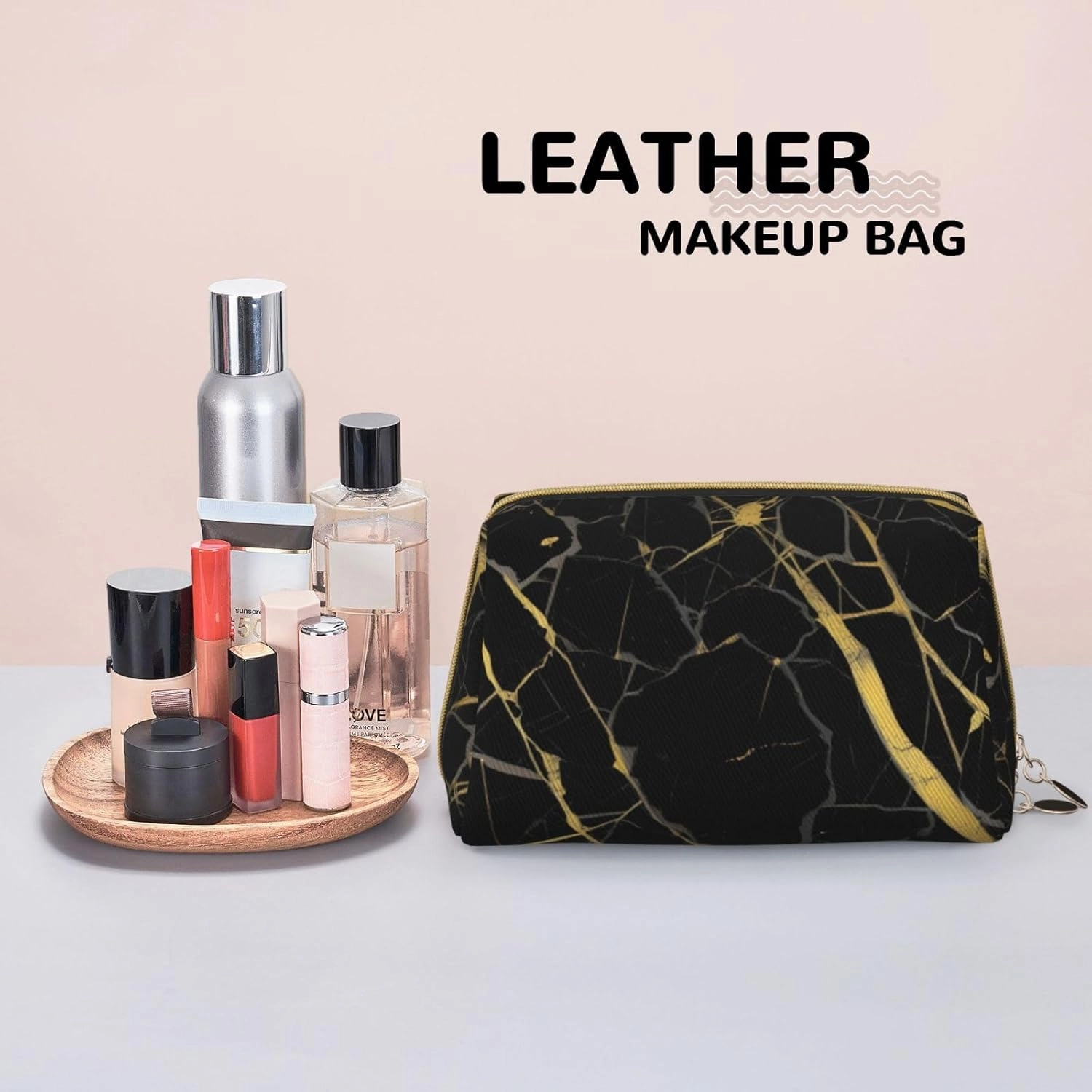 Gold Black Wallpaper Toiletry Pouch, Travel-Friendly Makeup Organizer For Makeup Brushes, Lipsticks