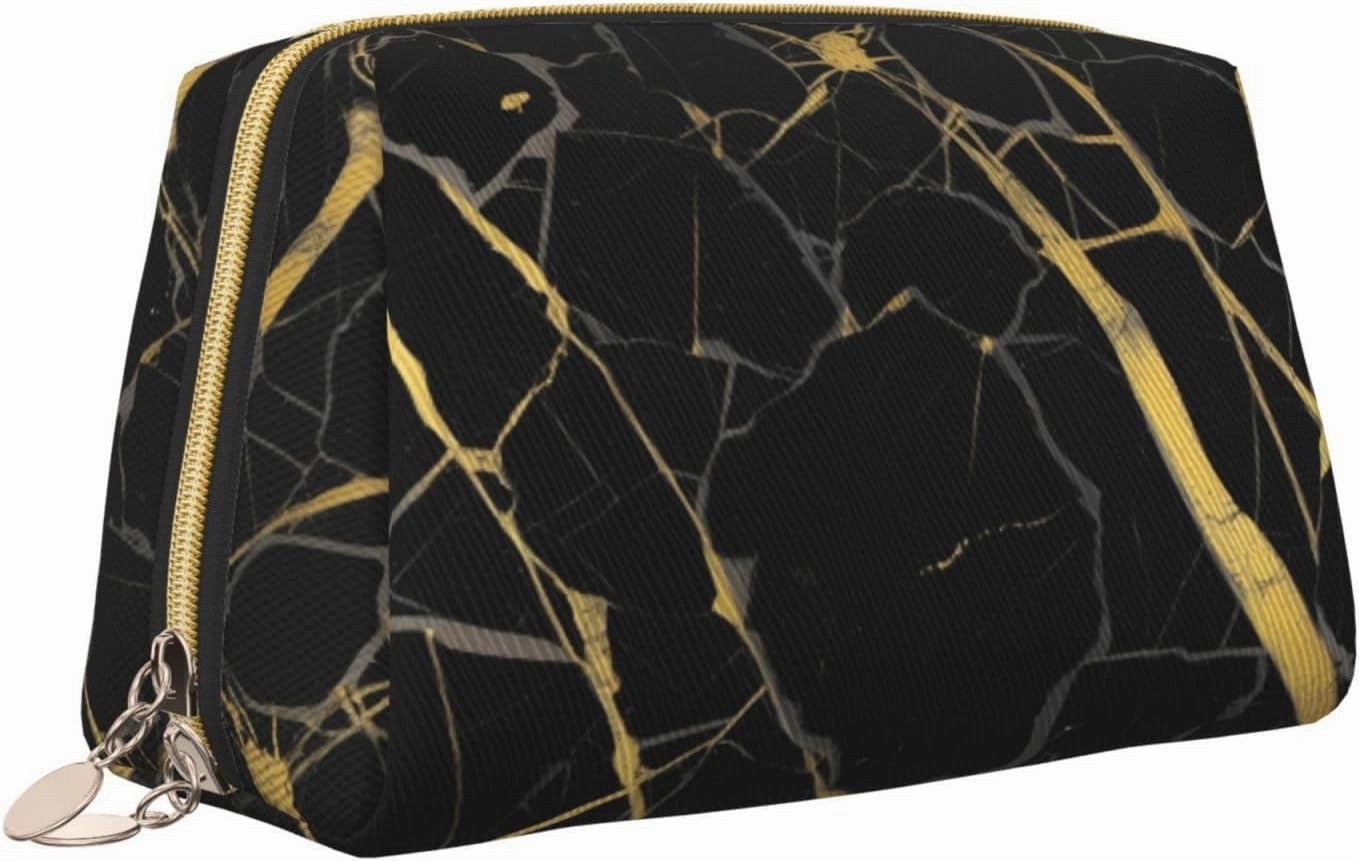 Gold Black Wallpaper Toiletry Pouch, Travel-Friendly Makeup Organizer For Makeup Brushes, Lipsticks