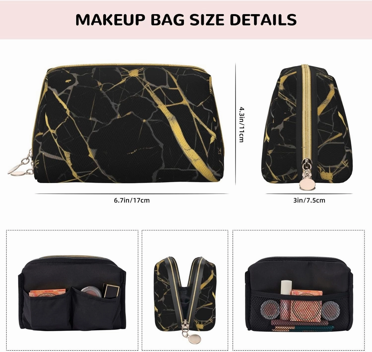 Gold Black Wallpaper Toiletry Pouch, Travel-Friendly Makeup Organizer For Makeup Brushes, Lipsticks