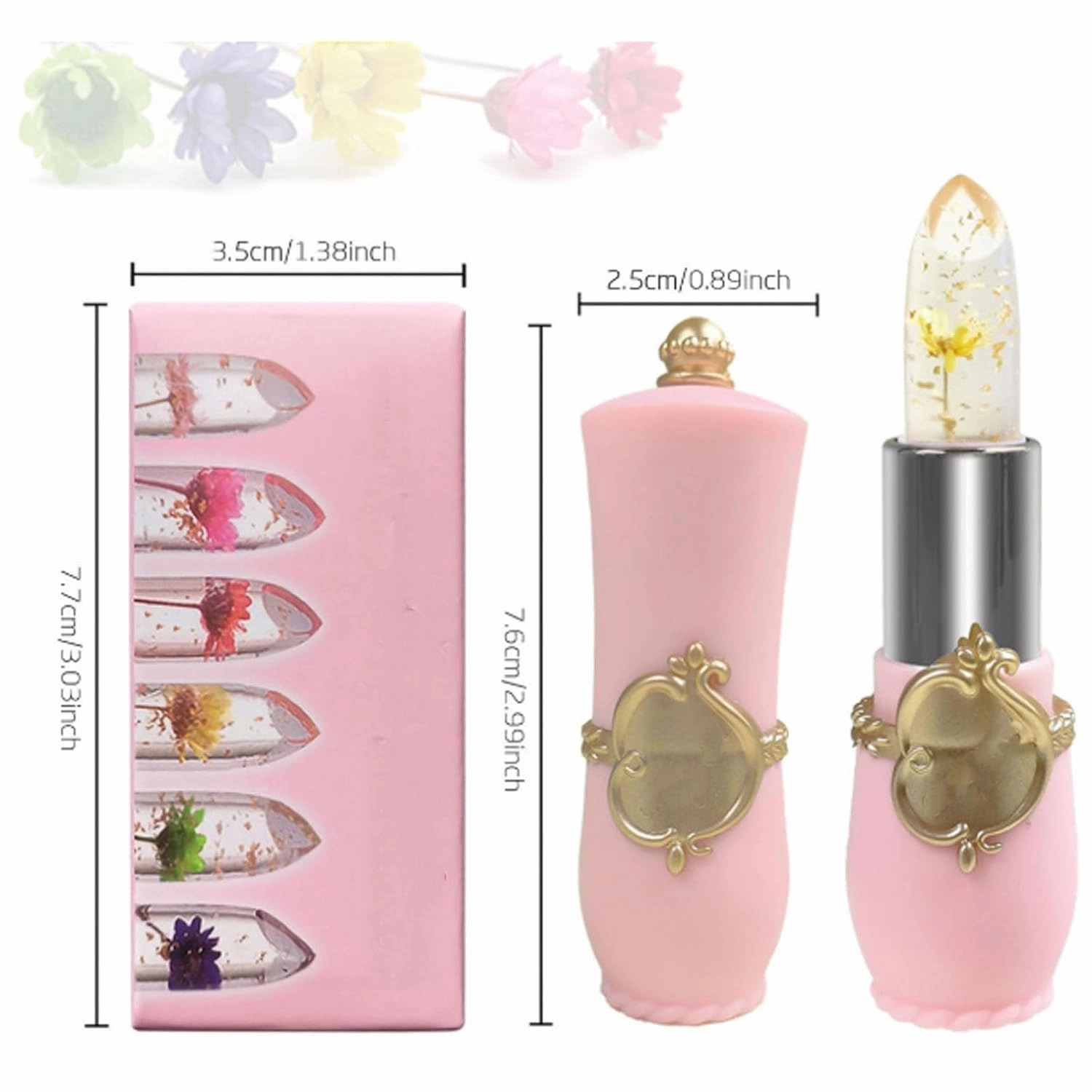 Gold Foil Flower Color Changing Lipstick, Gold Foil Color Changing Lipstick, Crystal Jelly Flower Lip Balm, Long Lasting Hydrating (02#)