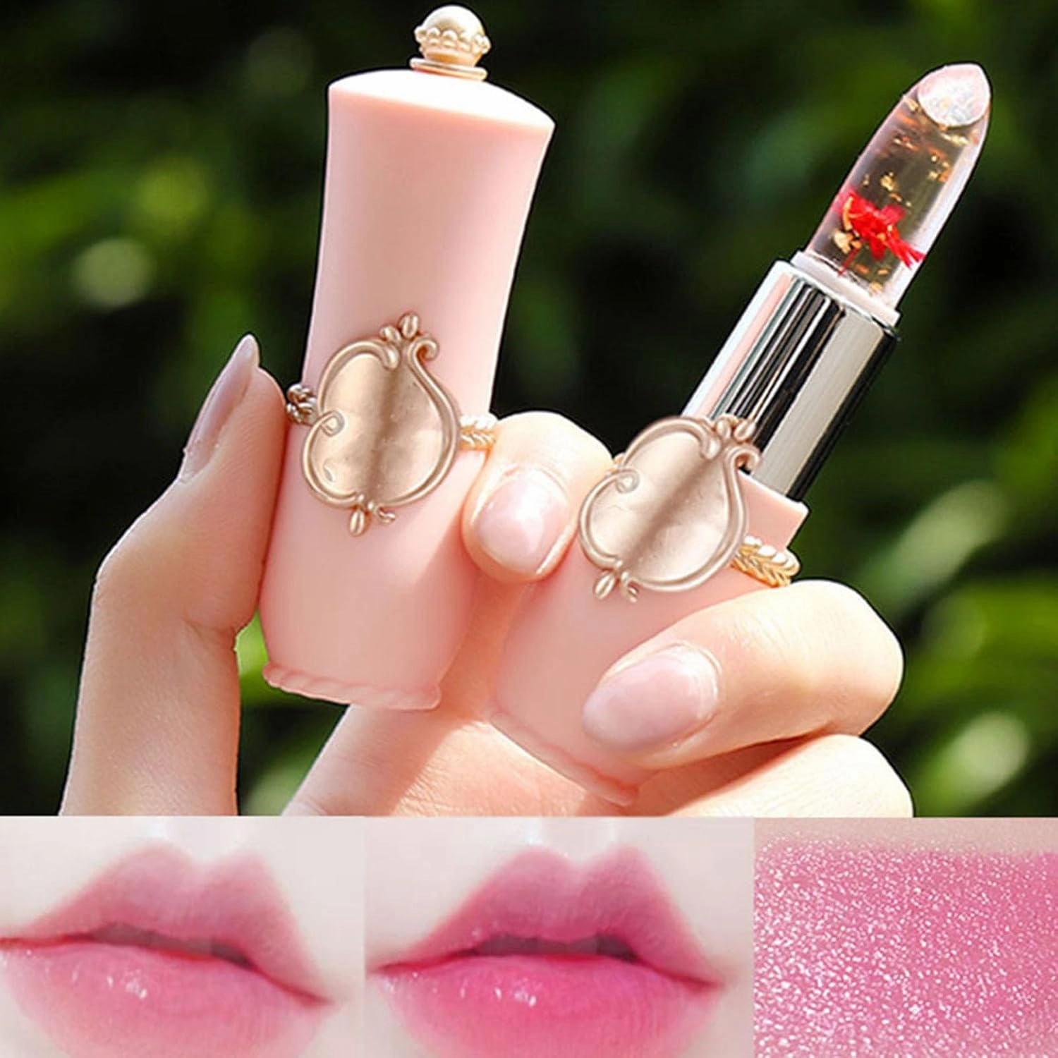 Gold Foil Flower Color Changing Lipstick, Gold Foil Color Changing Lipstick, Crystal Jelly Flower Lip Balm, Long Lasting Hydrating (02#)