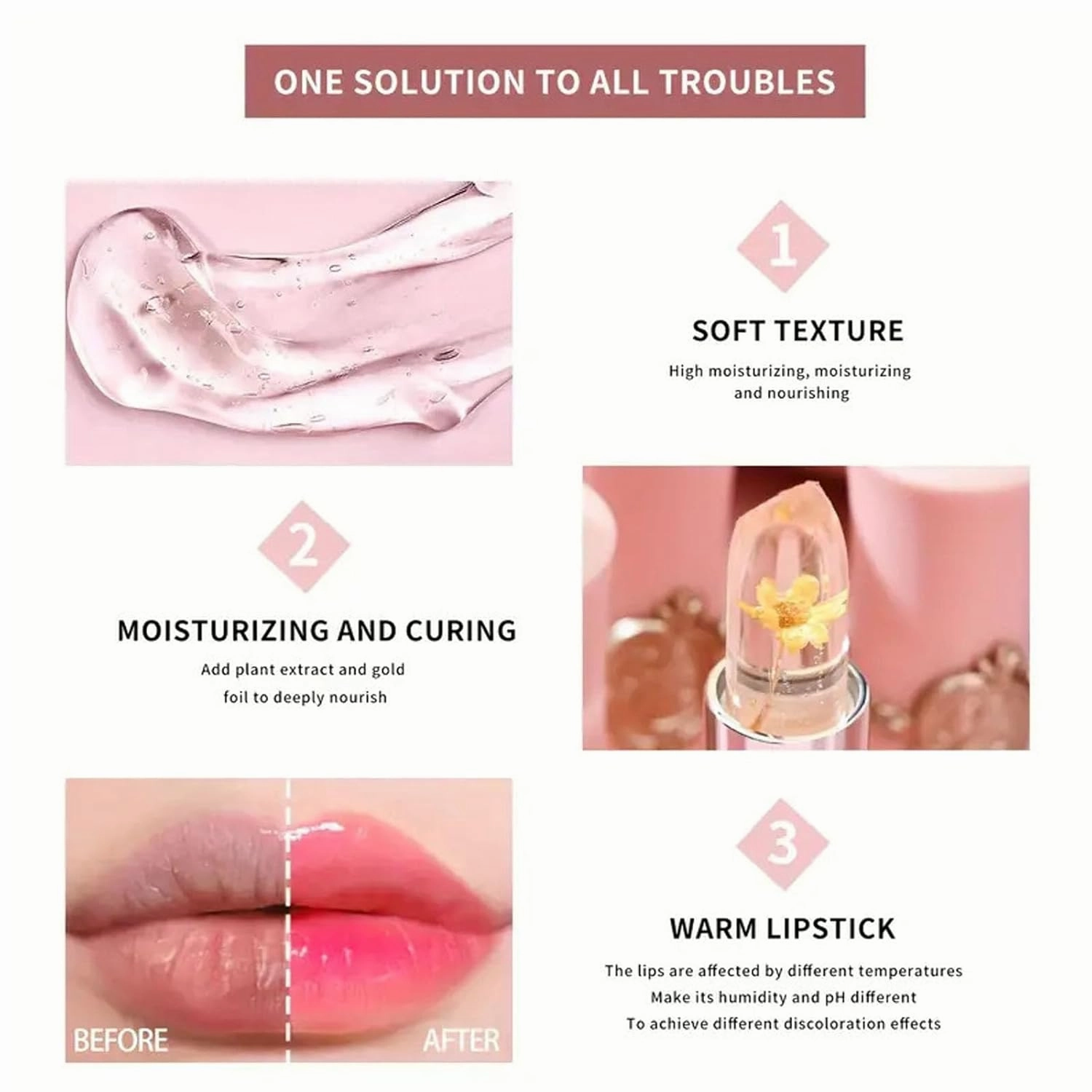 Gold Foil Flower Color Changing Lipstick, Gold Foil Color Changing Lipstick, Crystal Jelly Flower Lip Balm, Long Lasting Hydrating (02#)