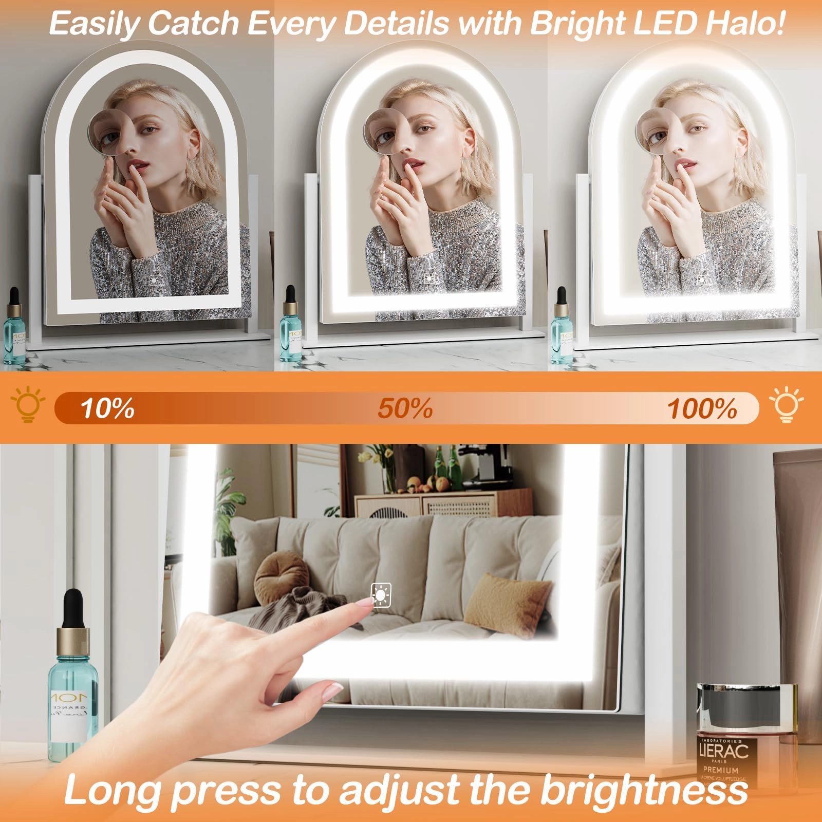 Gvnkvn Arched Makeup Vanity Mirror with Lights 17.2" Large LED Lighted Mirror, Hollywood Make Up Mirror with Lighting, Smart Touch,Detachable 5X Magnification 360° Rotation, (Gold,Gift Box)