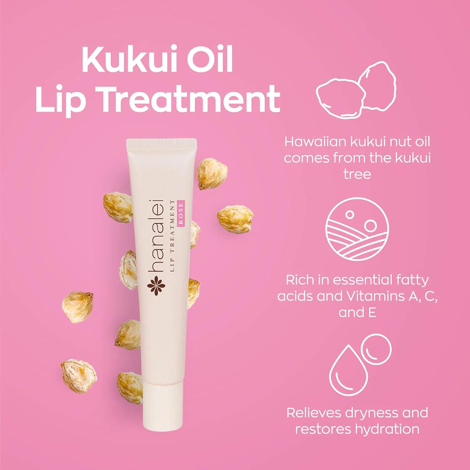 Hanalei Hydrating Lip Treatment Balm – Cruelty-Free, Paraben-Free Moisturizer for Severely Dry, Chapped Lips – Kukui Oil, Shea Butter & Grapeseed Oil –Rose Tint, Travel-Size 3-Pack (5g X 3)