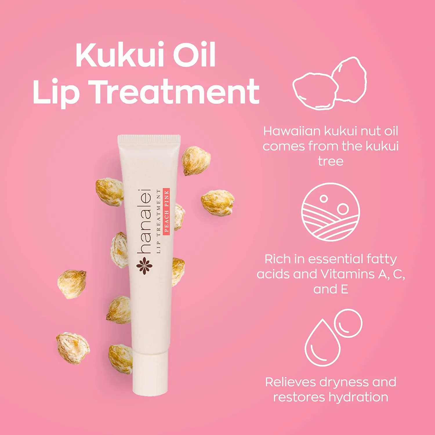 Hanalei Lip Treatment for Dry, Chapped Lips – Intensive Overnight Moisturizer with Kukui Oil, Shea Butter & Grapeseed Oil – Hydrating Balm for Healing Cracks – Peach Pink Tint, 15g – Cruelty-Free