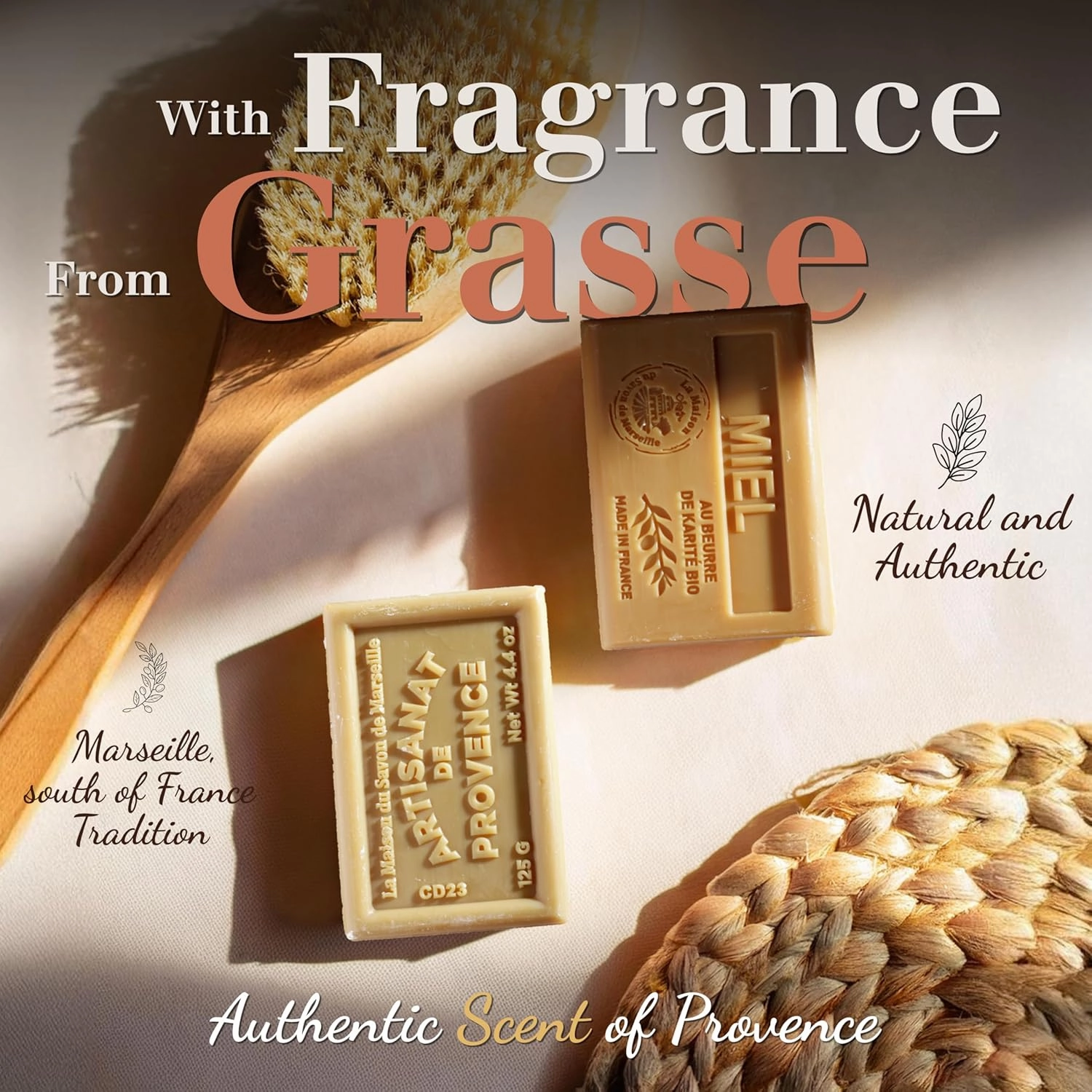 Hand & Body Soap Bars Trio - Rose Moisturizing French Soap with Organic Shea Butter - Rich Creamy Lather - 97% Natural Ingredients - Solid Bath Cleanser Made in Provence - 3x4.4 oz