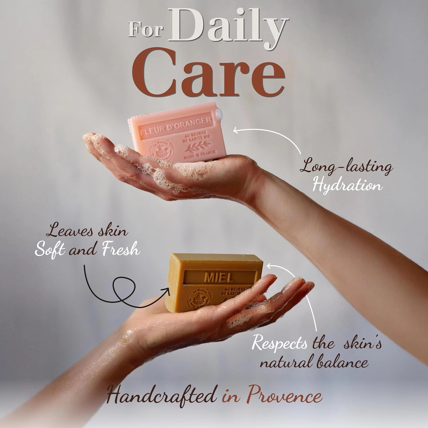 Hand & Body Soap Bars Trio - Rose Moisturizing French Soap with Organic Shea Butter - Rich Creamy Lather - 97% Natural Ingredients - Solid Bath Cleanser Made in Provence - 3x4.4 oz