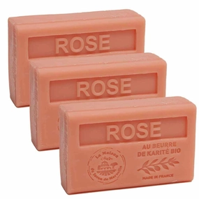 Hand & Body Soap Bars Trio - Rose Moisturizing French Soap with Organic Shea Butter - Rich Creamy Lather - 97% Natural Ingredients - Solid Bath Cleanser Made in Provence - 3x4.4 oz