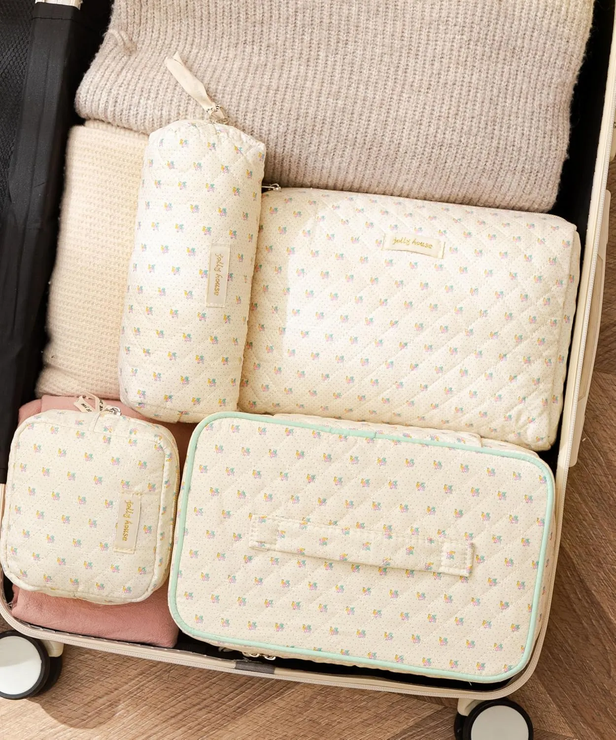 HBselect 4Pcs Cotton Quilted Makeup Bag Coquette Makeup Bag Large Travel Cosmetic Bag Aesthetic Cute Kawaii Floral Makeup Bag Toiletry Bags Coin Purse for Women Girls