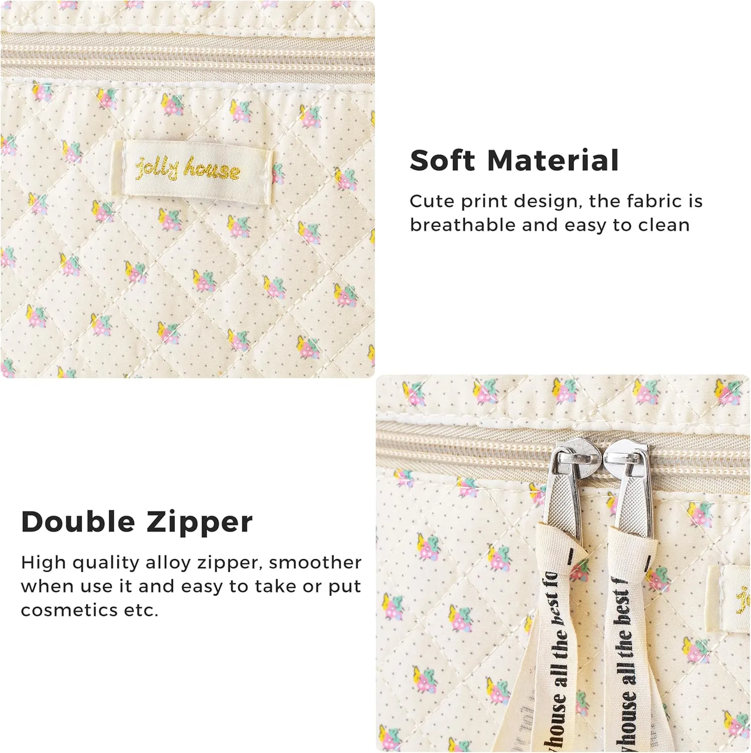 HBselect 4Pcs Cotton Quilted Makeup Bag Coquette Makeup Bag Large Travel Cosmetic Bag Aesthetic Cute Kawaii Floral Makeup Bag Toiletry Bags Coin Purse for Women Girls
