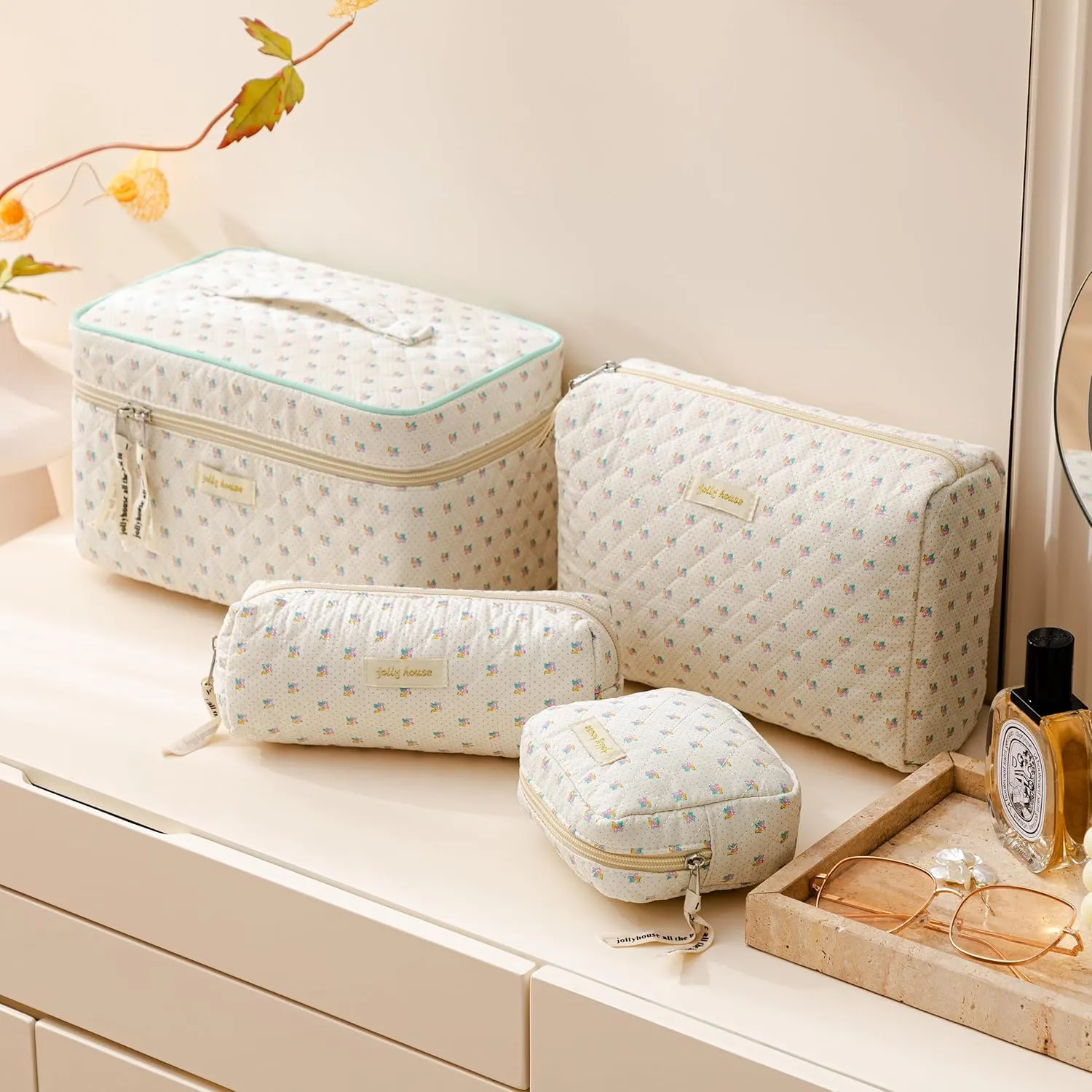 HBselect 4Pcs Cotton Quilted Makeup Bag Coquette Makeup Bag Large Travel Cosmetic Bag Aesthetic Cute Kawaii Floral Makeup Bag Toiletry Bags Coin Purse for Women Girls