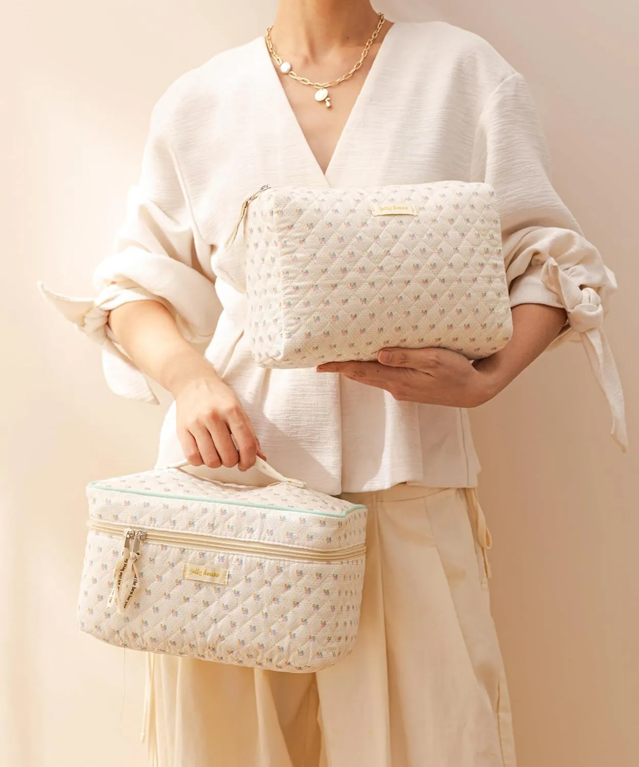 HBselect 4Pcs Cotton Quilted Makeup Bag Coquette Makeup Bag Large Travel Cosmetic Bag Aesthetic Cute Kawaii Floral Makeup Bag Toiletry Bags Coin Purse for Women Girls