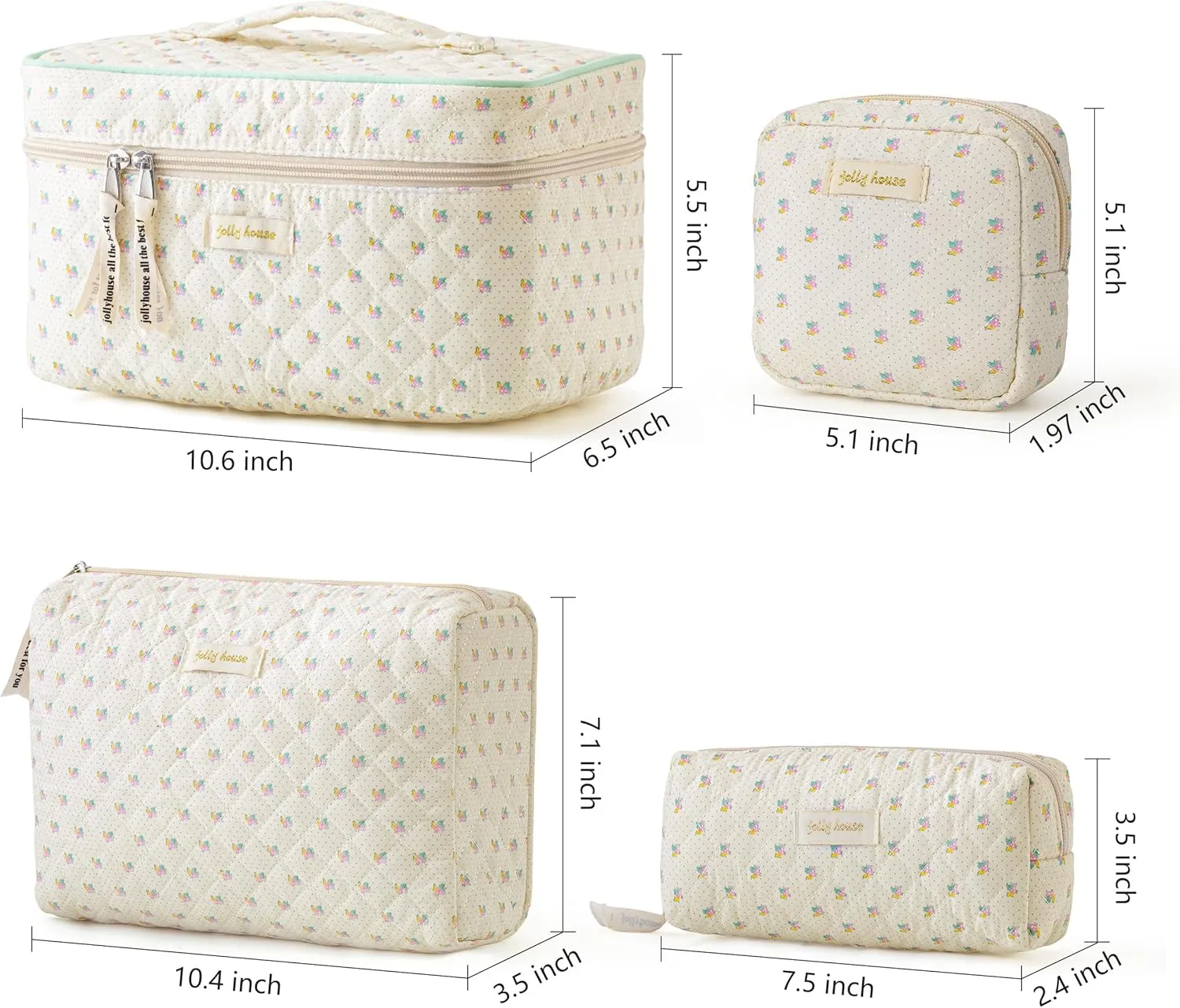 HBselect 4Pcs Cotton Quilted Makeup Bag Coquette Makeup Bag Large Travel Cosmetic Bag Aesthetic Cute Kawaii Floral Makeup Bag Toiletry Bags Coin Purse for Women Girls