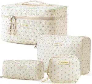 HBselect 4Pcs Cotton Quilted Makeup Bag Coquette Makeup Bag Large Travel Cosmetic Bag Aesthetic Cute Kawaii Floral Makeup Bag Toiletry Bags Coin Purse for Women Girls