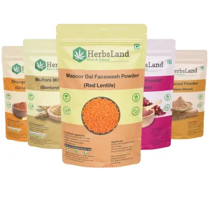 Herbs-Land.../ Face Pack Combo - Masoor, Orange, Multani Mitti, Rose, & Sandalwood Powder | Natural Skin Brightening & Nourishing | 100% Pure & Chemical-Free (70 gm Each) (350 gm)