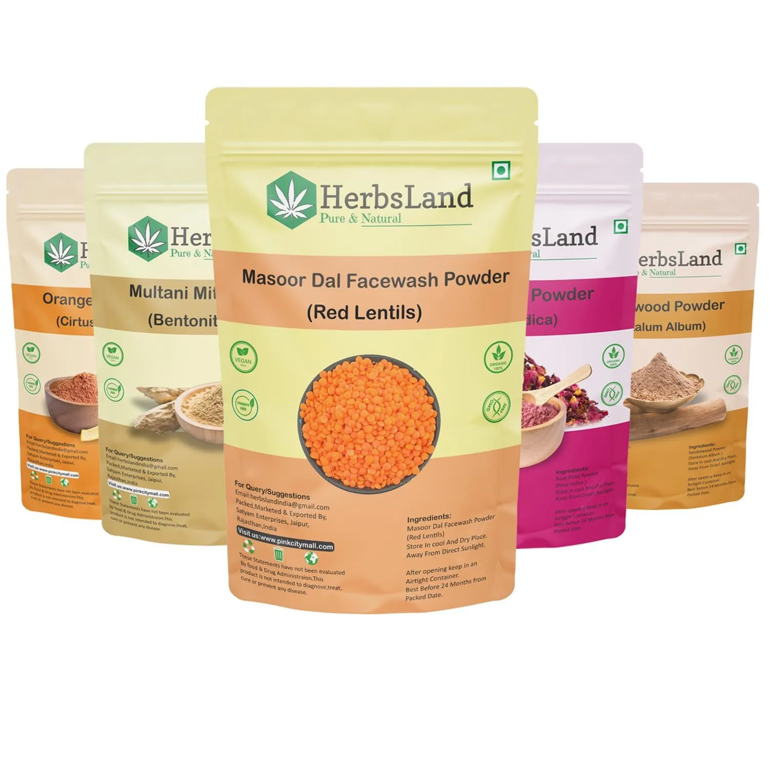Herbs-Land.../ Face Pack Combo - Masoor, Orange, Multani Mitti, Rose, & Sandalwood Powder | Natural Skin Brightening & Nourishing | 100% Pure & Chemical-Free (70 gm Each) (350 gm)