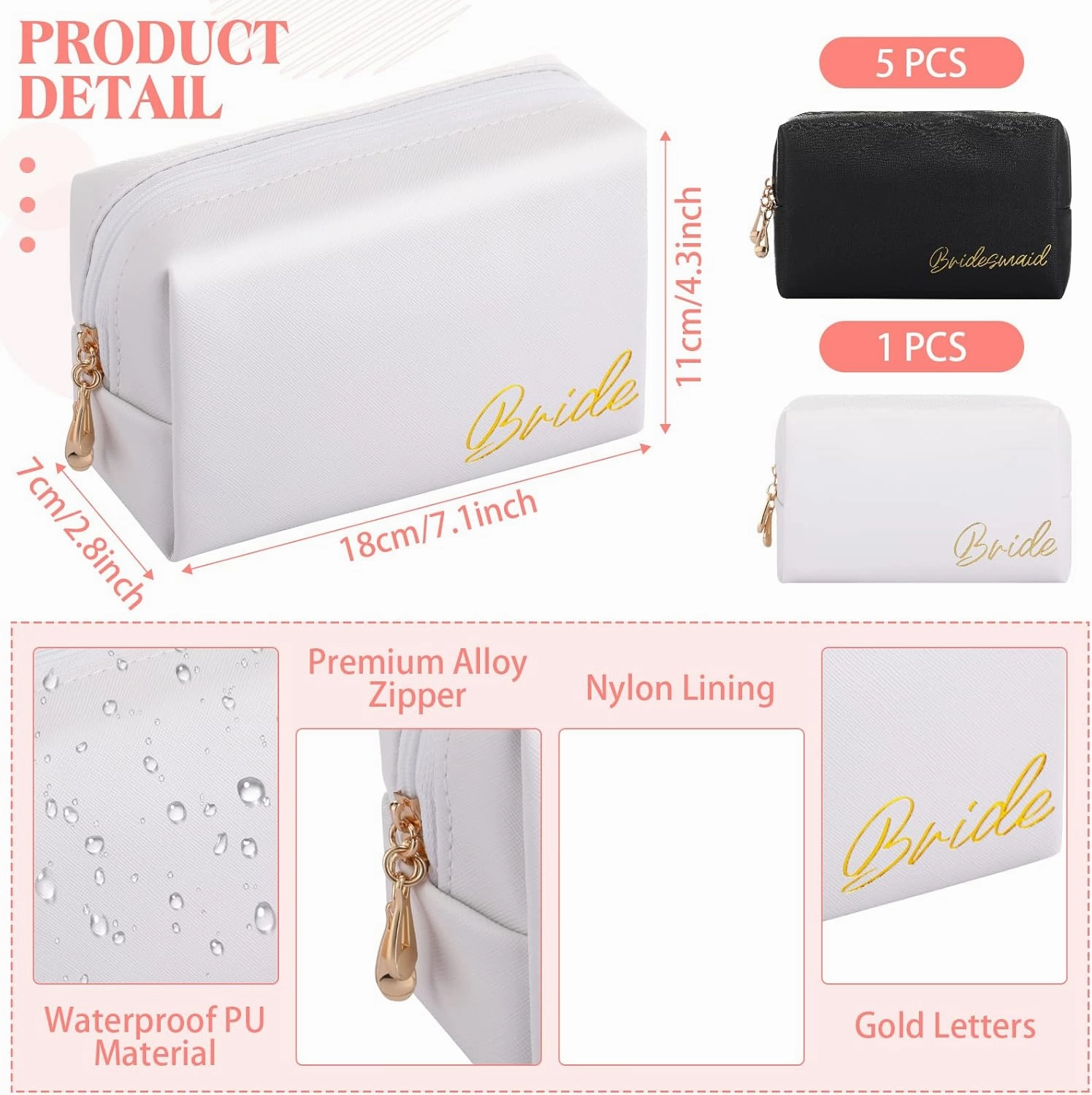 Hillban 6 Pcs Bride and Bridesmaid Cosmetic Bag PU Leather Makeup Bag Waterproof Makeup Pouch Purse Toiletry Gifts for Bridal Shower, Wedding, Bachelorette Party(White, Black)