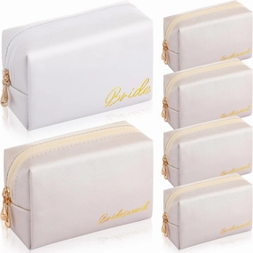 Hillban 6 Pcs Bride and Bridesmaid Cosmetic Bag PU Leather Makeup Bag Waterproof Makeup Pouch Purse Toiletry Gifts for Bridal Shower, Wedding, Bachelorette Party(White, Ivory White)