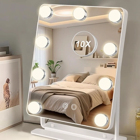Hollywood Vanity Mirror with Lights 9" x 11", Lighted Makeup Mirror with 10X Magnification & 9 LED Bulbs Dimmable, 3 Colors Modes, Touch Control, Plug in Vanity Mirror with Lights, White
