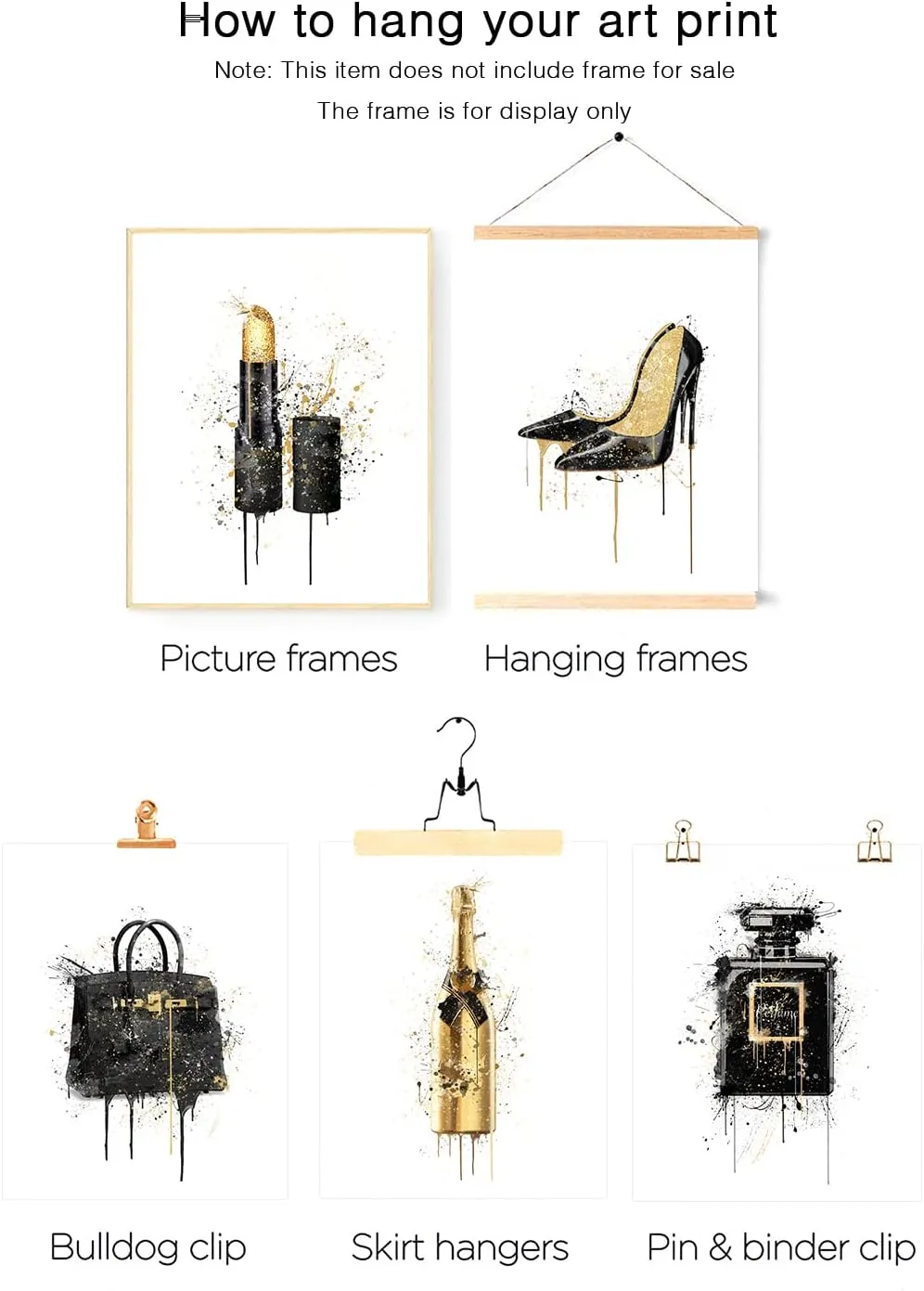 HoozGee Fashion Art Watercolour Splash Gold Champagne Black Perfume Bottle Lipstick Ring Jewelry High Heel Handbag Wall Art Prints Poster Girly Room Decor Bedroom Wall Decor (11"x14" UNFRAMED)