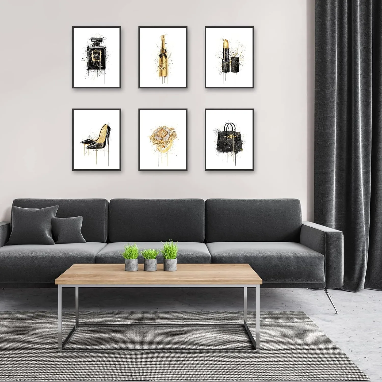 HoozGee Fashion Art Watercolour Splash Gold Champagne Black Perfume Bottle Lipstick Ring Jewelry High Heel Handbag Wall Art Prints Poster Girly Room Decor Bedroom Wall Decor (11"x14" UNFRAMED)
