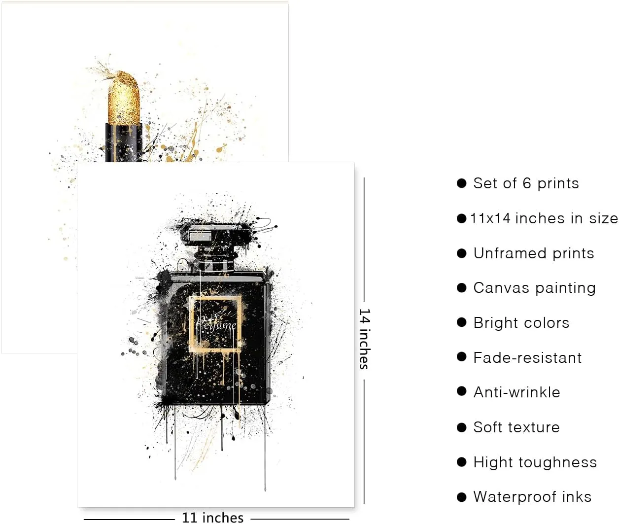 HoozGee Fashion Art Watercolour Splash Gold Champagne Black Perfume Bottle Lipstick Ring Jewelry High Heel Handbag Wall Art Prints Poster Girly Room Decor Bedroom Wall Decor (11"x14" UNFRAMED)