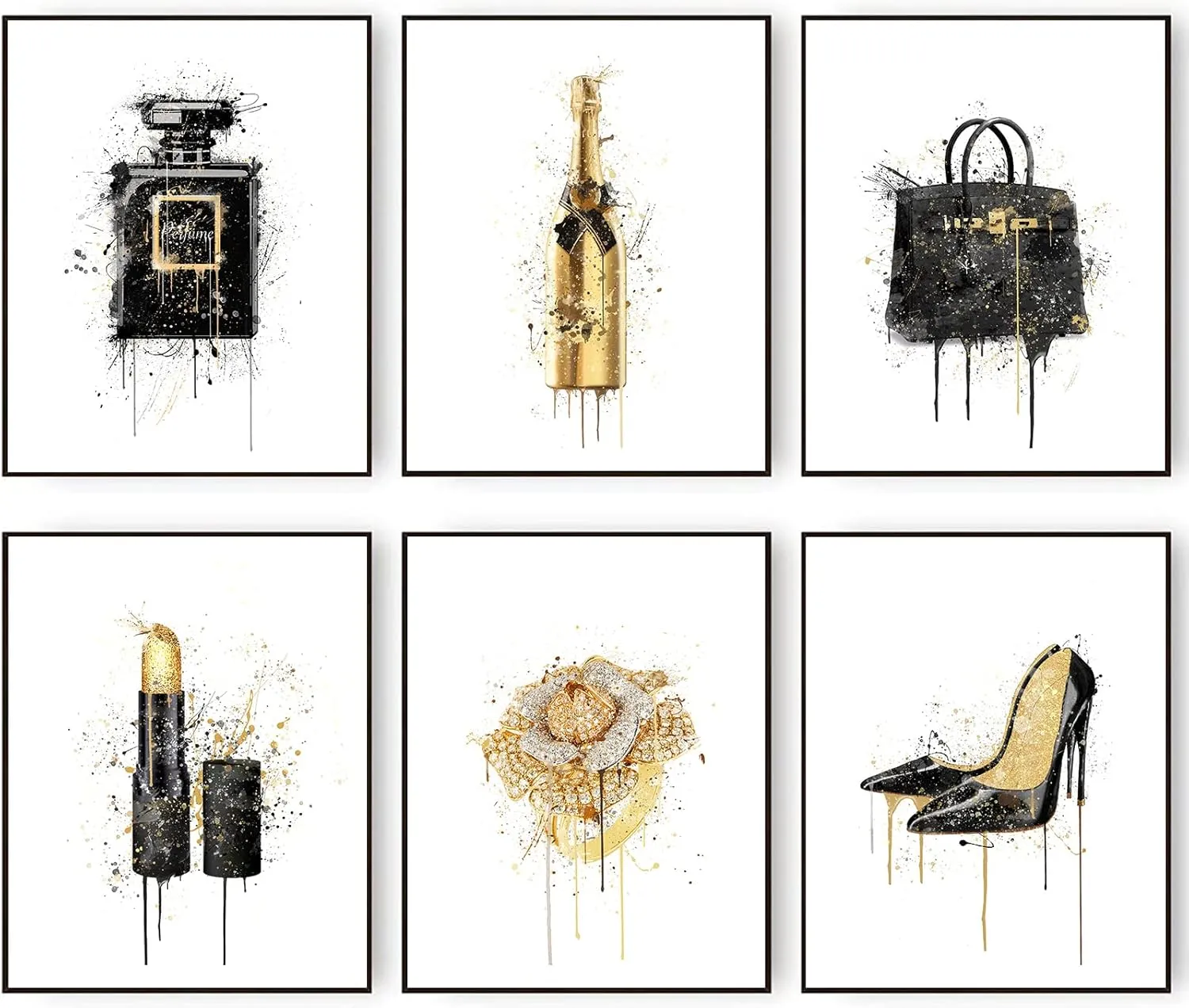 HoozGee Fashion Art Watercolour Splash Gold Champagne Black Perfume Bottle Lipstick Ring Jewelry High Heel Handbag Wall Art Prints Poster Girly Room Decor Bedroom Wall Decor (11"x14" UNFRAMED)