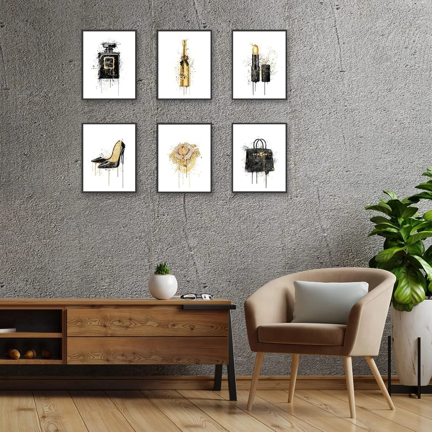 HoozGee Fashion Art Watercolour Splash Gold Champagne Black Perfume Bottle Lipstick Ring Jewelry High Heel Handbag Wall Art Prints Poster Girly Room Decor Bedroom Wall Decor (11"x14" UNFRAMED)