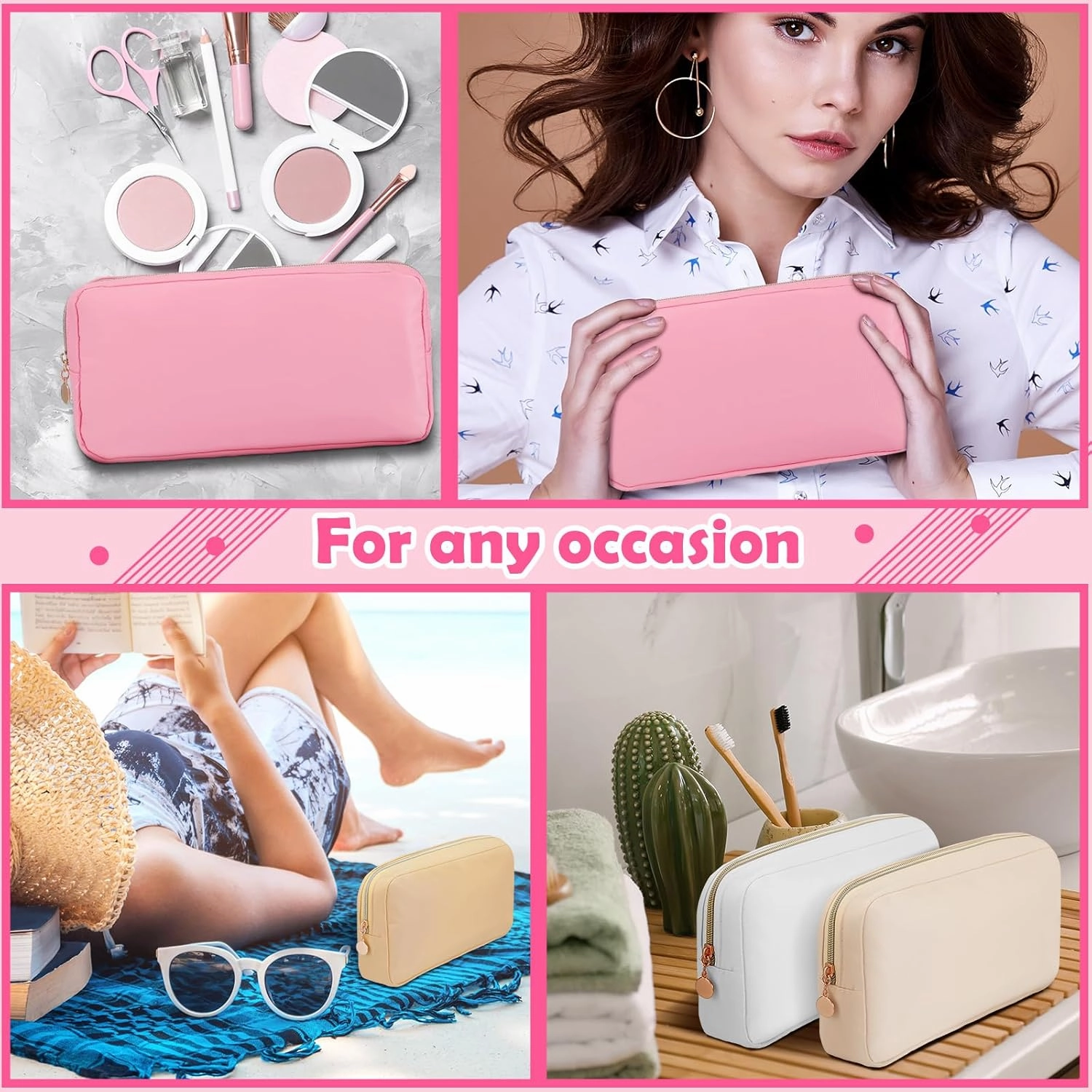 Hushee 4 Pcs Nylon Makeup Bag Preppy Zipper Pouch Waterproof Nylon Toiletry Storage Bag for Women(Small,Light Colors)