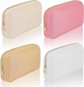Hushee 4 Pcs Nylon Makeup Bag Preppy Zipper Pouch Waterproof Nylon Toiletry Storage Bag for Women(Small,Light Colors)