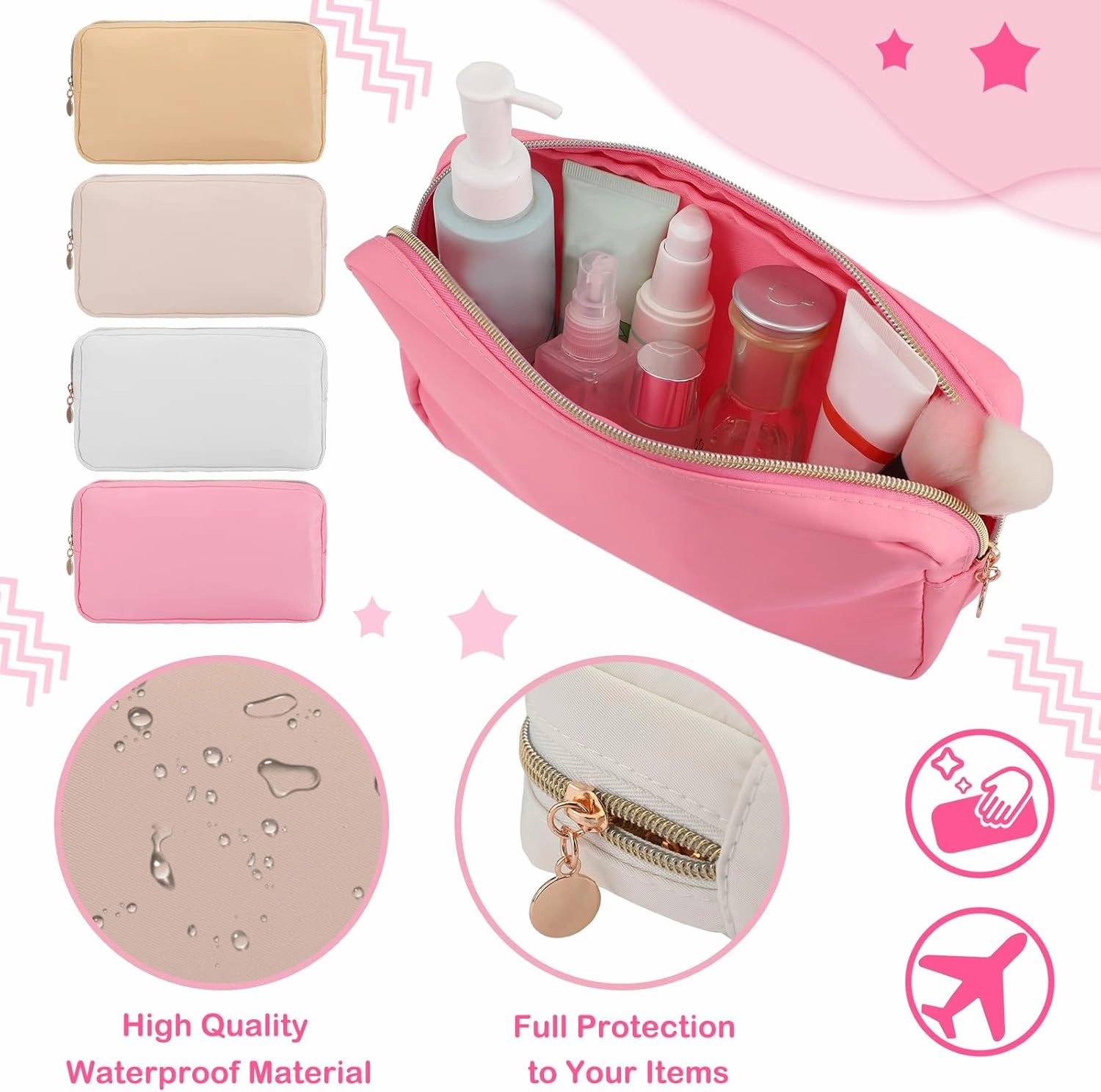 Hushee 4 Pcs Nylon Makeup Bag Preppy Zipper Pouch Waterproof Nylon Toiletry Storage Bag for Women(Small,Light Colors)