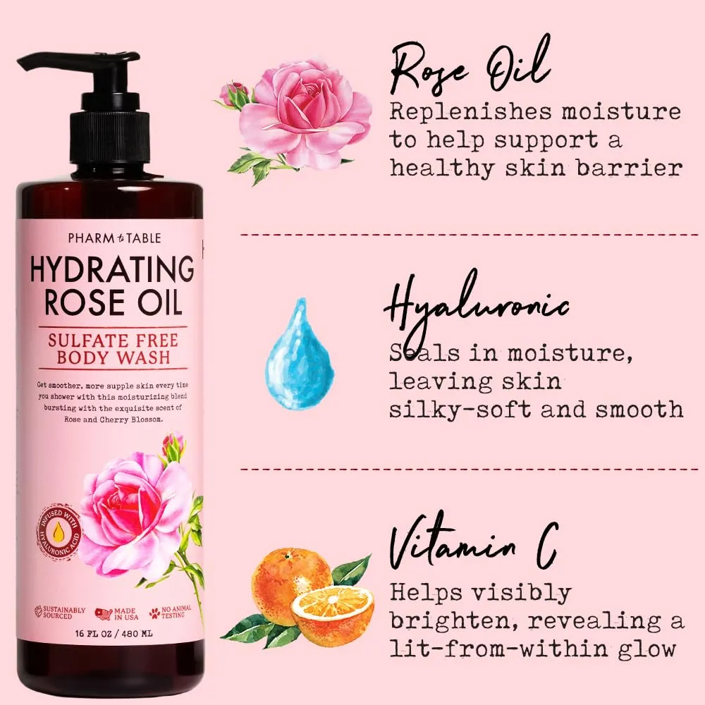 Hydrating Rose Oil Body Wash for Women and Men - Hydrates and Brightens the Skin, Sulfate Free, 100% Cruelty Free, 480ml