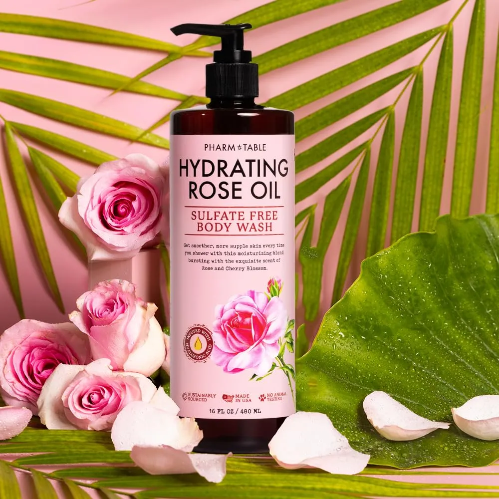 Hydrating Rose Oil Body Wash for Women and Men - Hydrates and Brightens the Skin, Sulfate Free, 100% Cruelty Free, 480ml