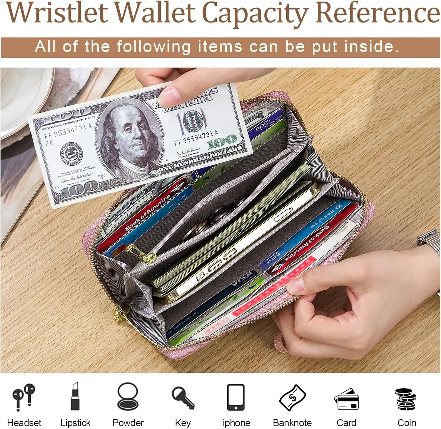 imeetu Leather Wristlet Purse for Women with Credit Card Holder, Zip Coin Pocket & Wrist Strap
